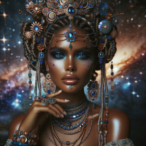 "Create a portrait of a regal  latino woman with an ethereal and cosmic theme. Her skin is a glossy tan brown, with a smooth and flawless finish that reflects light. Her eyes are a striking electric blue, like sapphires, with a makeup that accentuates their shape and the intensity of their color. Her hair is styled into an intricate array of braids, coils, and twists that cascade down and frame her face, adorned with beads and jewels that catch the light. She wears an elaborate headdress made of swirling patterns and motifs that evoke the mysteries of the universe, studded with shimmering stones and intricate enamel work in hues of blue and gold. Her attire consists of a cascade of layered necklaces and a majestic, shoulder-grazing earring, each piece detailed with a mix of precious stones, metals, and intricate beadwork. The background is a tapestry of stars and nebulas, suggesting a connection to the cosmos. Her pose is serene, with a hand gracefully touching her chin, adorned with rings that complement her other jewelry, all coming together to suggest an aura of wisdom and grace."