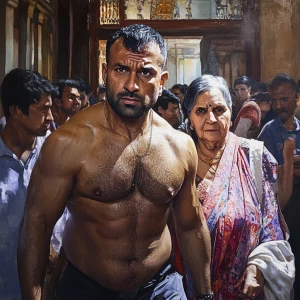 Hyperrealism style art 1:1,a muscular sweaty beefy man walking...