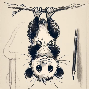 Cute illustration of a possum hanging upside down, in the Disney...