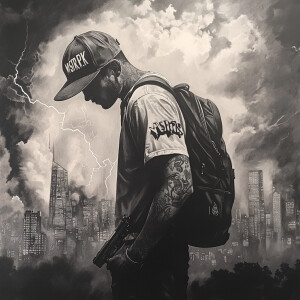 a charcoal image of man standing with their head bowed down, wea...