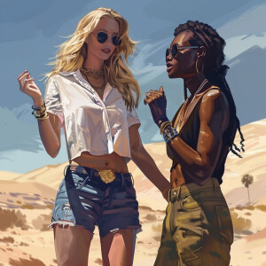A scene in the desert featuring a blonde woman in sunglasses and...