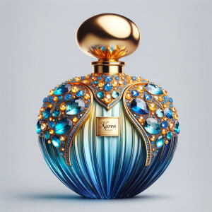Create a 3-D realistic blue and gold, colorful jewels perfume b...