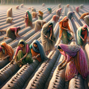 Women villagers in Pakistan manually planting seed cotton on bed...