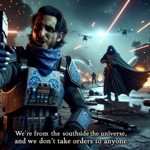A rebel stormtrooper, distinctly wearing **blue paisley print ar...
