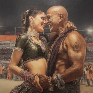 Hyperrealism oil painting.big guajarat stadium with people enjoy...