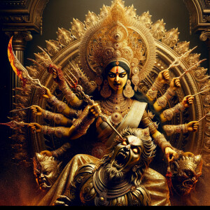 portrait of angry looking goddess durga sitting on a gold crown...