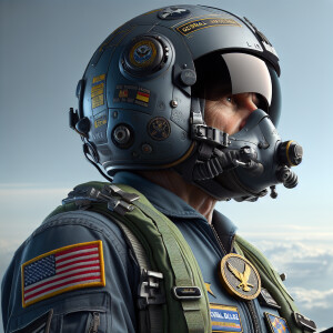 Create an image of an American fighter pilot in mid-flight, wear...