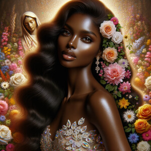 Visualize a stunning bride with a rich blend of african-American Latino heritage, her skin glowing with a soft, warm hue. Her elegant gown, a masterpiece of design, is intricately adorned with sparkling jewels that catch the light with every movement, creating a mesmerizing effect. Her long, wavy dark hair frames her face beautifully, enhancing her radiant beauty. Behind her, the backdrop is alive with an explosion of colorful flowers, each petal and leaf adding vibrancy to the scene. Amidst this floral abundance, the serene face of a brown Jesus is subtly integrated into the background, bestowing a sense of divine grace and tranquility to the composition. This image captures a moment of exquisite beauty, spiritual depth, and the celebration of love.