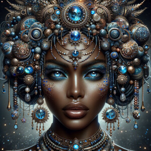 "Create a portrait of a regal  latino woman with an ethereal and cosmic theme. Her skin is a glossy tan brown, with a smooth and flawless finish that reflects light. Her eyes are a striking electric blue, like sapphires, with a makeup that accentuates their shape and the intensity of their color. Her hair is styled into an intricate array of braids, coils, and twists that cascade down and frame her face, adorned with beads and jewels that catch the light. She wears an elaborate headdress made of swirling patterns and motifs that evoke the mysteries of the universe, studded with shimmering stones and intricate enamel work in hues of blue and gold. Her attire consists of a cascade of layered necklaces and a majestic, shoulder-grazing earring, each piece detailed with a mix of precious stones, metals, and intricate beadwork. The background is a tapestry of stars and nebulas, suggesting a connection to the cosmos. Her pose is serene, with a hand gracefully touching her chin, adorned with rings that complement her other jewelry, all coming together to suggest an aura of wisdom and grace."