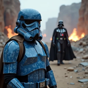 A rebel stormtrooper, distinctly wearing **blue paisley print ar...