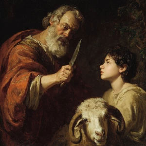 Abraham with a knife raised to a dark haired boy with a ram besi...