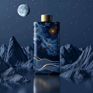 Luxurious product package, bottle, mountains and sea and univers...