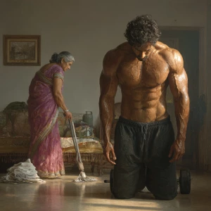 Hyperrealism digital painting ,a indian muscular beefy sweaty...