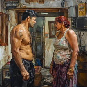 Realism style,A muscular sweaty man talking to his 54 year old h...