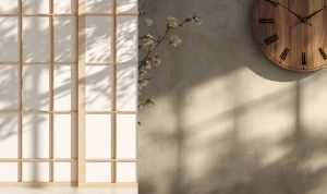 A peaceful Japanese tea room interior with a traditional wooden...
