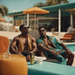 Two muscular black men lounging by the poolside bar.