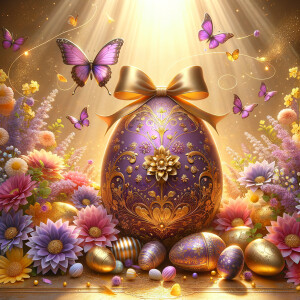 A luxurious and ornate Easter-themed image featuring a large cen...
