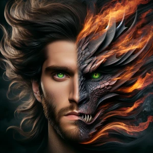 Create a close-up image of a half human male face morphing into half dragon face, blending seamlessly at the nose. Both have green eyes and dark colored hair blowing in the firey wind.