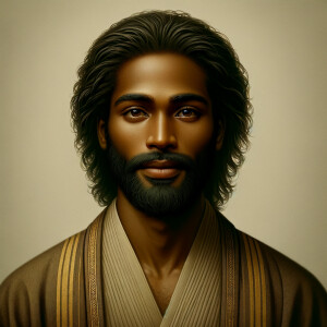 Create an image of a serene African American man with medium-len...