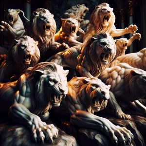 A vivid scene of lifelike marble animals sculpted with intricate...