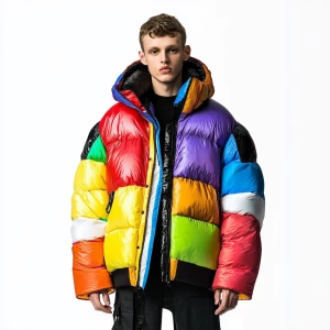 The young man women get multi-colored puffy down jacket