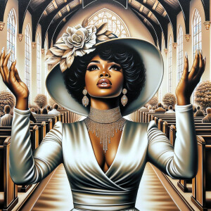 Render an airbrush oil painting of an African American woman with flawless makeup
kneeling at a church altar, her hands raised in a gesture of surrender to God. She's
dressed in stylish Sunday Best attire, with a particular focus on the delicate details of
her Church Hat. The background features a beautifully painted church interior, with the
oil paint texture enhancing the sacred atmosphere. The artwork should capture the
woman's devout expression, the elegance of her attire, and the spiritual ambiance of
the church setting, reflecting a moment of deep faith and devotion.