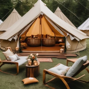Design an upscale outdoor glamping birthday celebration featurin...