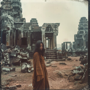 A faded color film photograph from 1972 of a beautiful woman in...