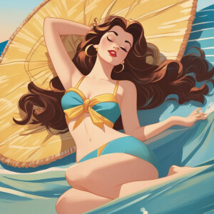 Belle in a bikini laying on her back on a beach