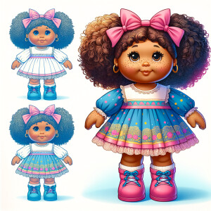 Design a 3-D realistic original African-American Cabbage Patch doll. She has on a blue pink and gold dress with matching booties. She has pink and blue bows in her hair. she lives inside of a colorful dollhouse. She has freckles and big dimples.