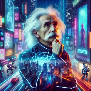 Albert Einstein in a surrealist Cyberpunk 2077 world