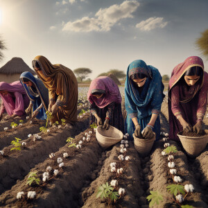 Manual plantingof cotton on beds by Pakistan women villagers