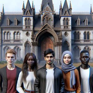 Two girls and two guys are standing in an abandoned mansion. The...