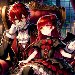 Lilith as a girl with elegant gothic lolita dress sit on the lap of handsome lucifer, the girl has red hair and golden eyes, thrones, blackand red elegant luxury background, Lucifer evil smirk, Obsession and Ownership