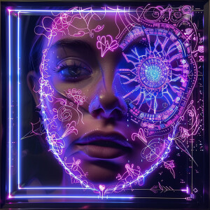 A woman’s face framed by a glowing bioluminescent mandala in Cyb...