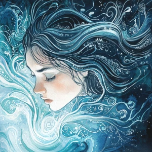 Create a detailed watercolor illustration of a woman exuding mys...