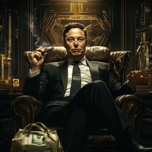 Elon Musk wearing a sharp tailored suit and holding a lit cigar,...