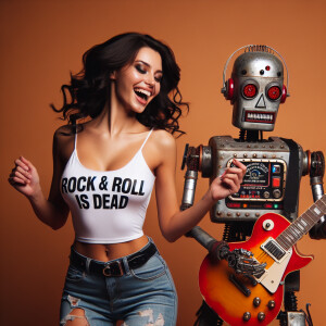 A beautiful buxom 24-year-old brunette woman dances with a broke...