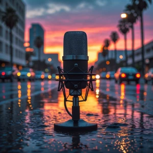 Create an image of a sunset in Los Angeles after a rain shower w...