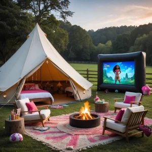 Outdoor girls' glamping birthday sleepover party featuring a  be...