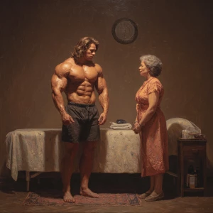 Hyperrealism painting, a muscular Russian man in his beach hotel...
