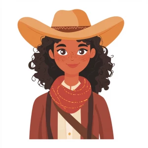 A diverse cowgirl character with curly hair and freckles, wearin...