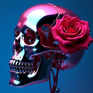 A chrome skull and a velvet rose, rendered in vibrant pink and e...