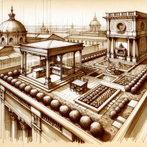 Design a luxurious classic-style rooftop garden featuring a squa...