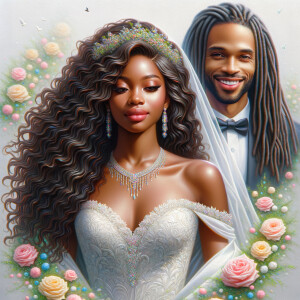 Create a 3-D realistic oil, painting of a beautiful African-American bride. She has long flooring, wavy hair and her gown has beautiful jewels around the neckline. in the background there is a beautiful African-American Jesus Christ with long dreadlocks, and he is smiling. He is very handsome pastel flowers throughout the image.