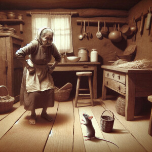 A whimsical look of an elderly woman wearing an apron standing o...