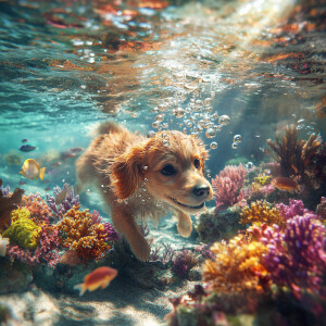 Imagine a mesmerizing scene featuring a little cute dog fully su...