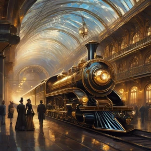 A grand train station where a luxurious, steam-powered locomotive is docked, its hull covered in polished brass plating and glowing vents. Passengers in elegant, futuristic steampunk attire carry metallic luggage while conversing under the arched, wrought-iron canopy