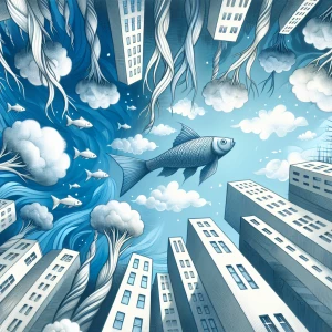 "Imagine a whimsical world where everything is upside down: tree...