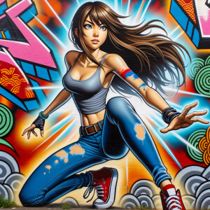 teenage girl, long brown hair and bangs, wearing tight skinny jeans and a halter top paint marks on her clothing, heroic pose Asian graffiti background, nearing on one knee